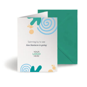 A checking in corporate greeting card featuring swirls and shapes customisable with your company logo and brand colours.