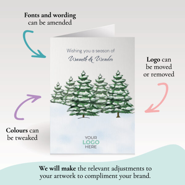 A christmas corporate greeting card featuring snowy trees customisable with your company logo and brand colours.