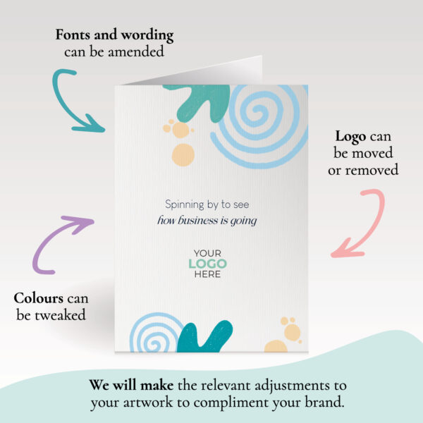 A checking in corporate greeting card featuring swirls and shapes customisable with your company logo and brand colours.