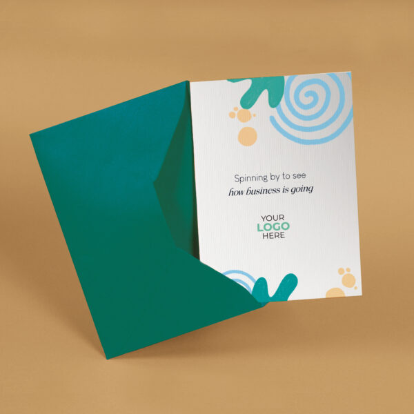 A checking in corporate greeting card featuring swirls and shapes customisable with your company logo and brand colours.