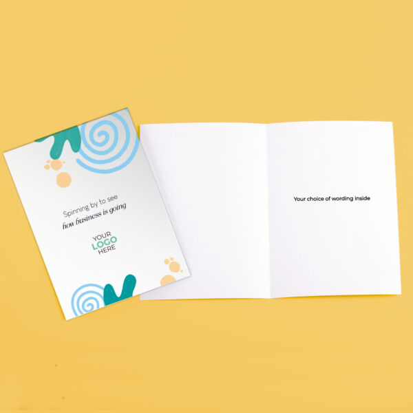 A checking in corporate greeting card featuring swirls and shapes customisable with your company logo and brand colours.