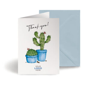 A thank you corporate greeting card featuring a cute cactus customisable with your company logo and brand colours.
