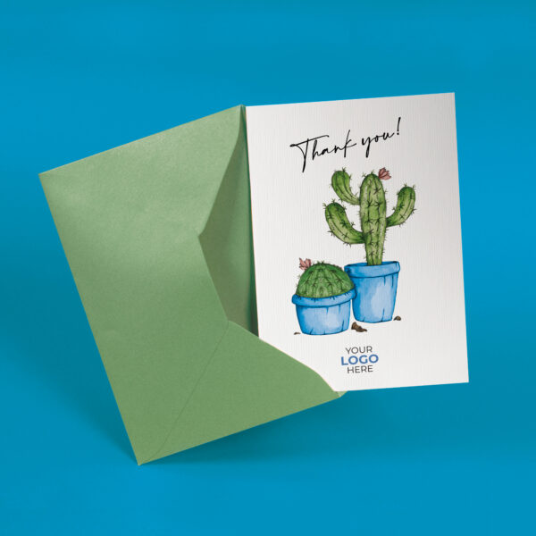 A thank you corporate greeting card featuring a cute cactus customisable with your company logo and brand colours.