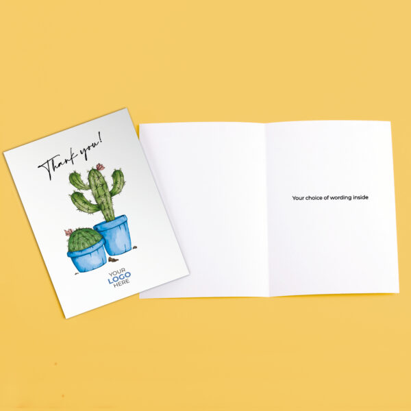 A thank you corporate greeting card featuring a cute cactus customisable with your company logo and brand colours.