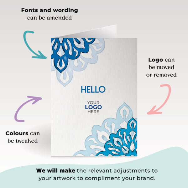 A checking in corporate greeting card featuring a simple mandala customisable with your company logo and brand colours.
