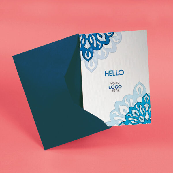 A checking in corporate greeting card featuring a simple mandala customisable with your company logo and brand colours.