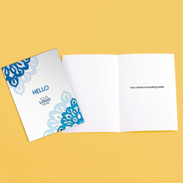 A checking in corporate greeting card featuring a simple mandala customisable with your company logo and brand colours.