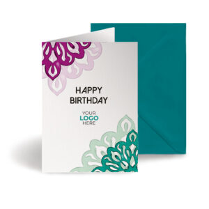 A birthday corporate greeting card featuring a simple mandala customisable with your company logo and brand colours.