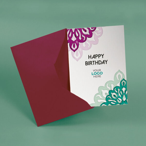 A birthday corporate greeting card featuring a simple mandala customisable with your company logo and brand colours.