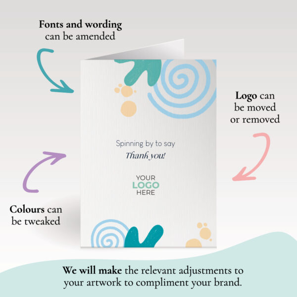 A thank you corporate greeting card featuring swirls and shapes customisable with your company logo and brand colours.