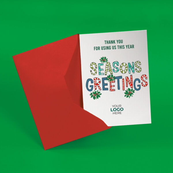 A christmas corporate greeting card featuring a festive message customisable with your company logo and brand colours.